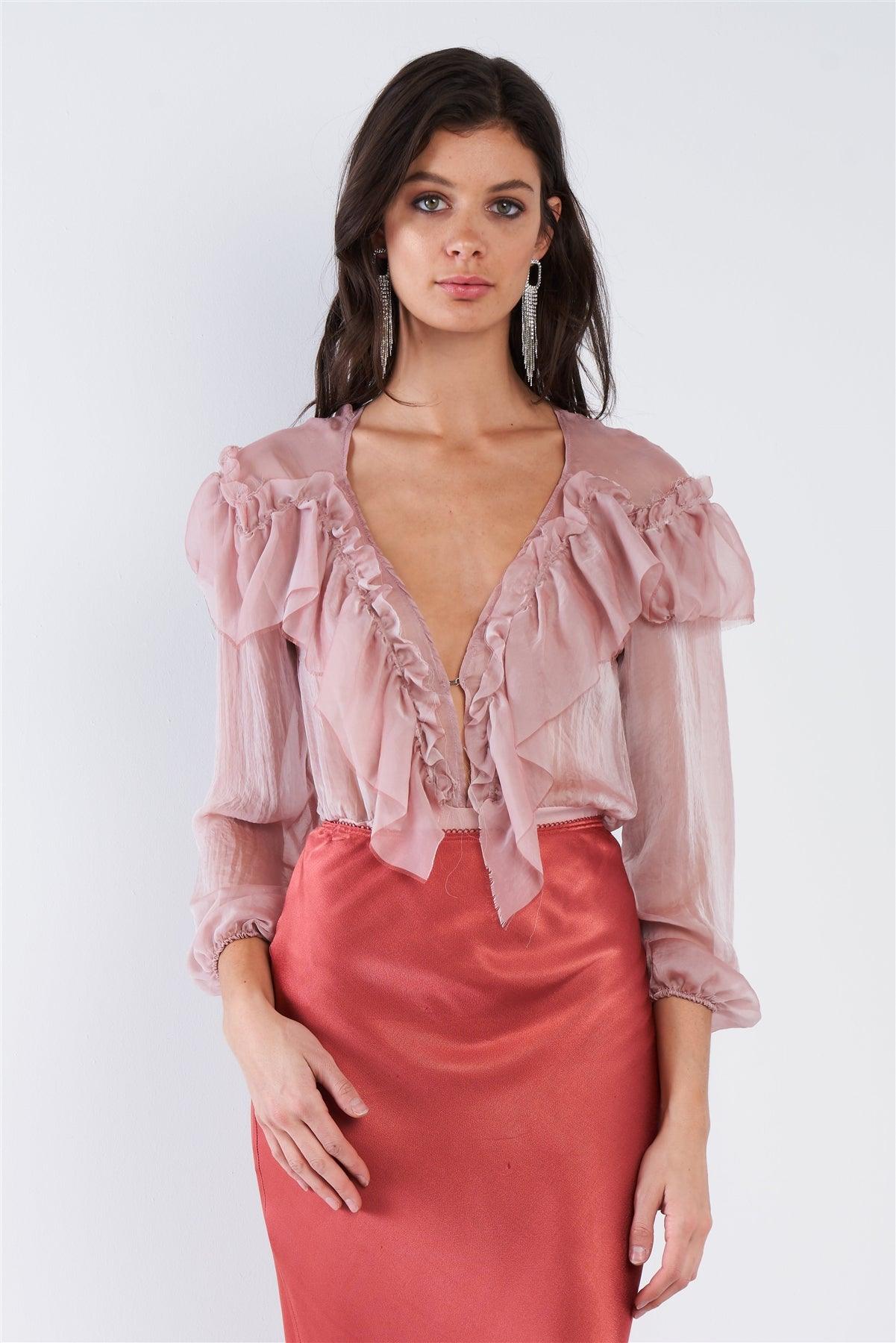 Dusty Pink Sheer V-Neck Frill Silk Full Bottom Snap Bodysuit /2-2-2