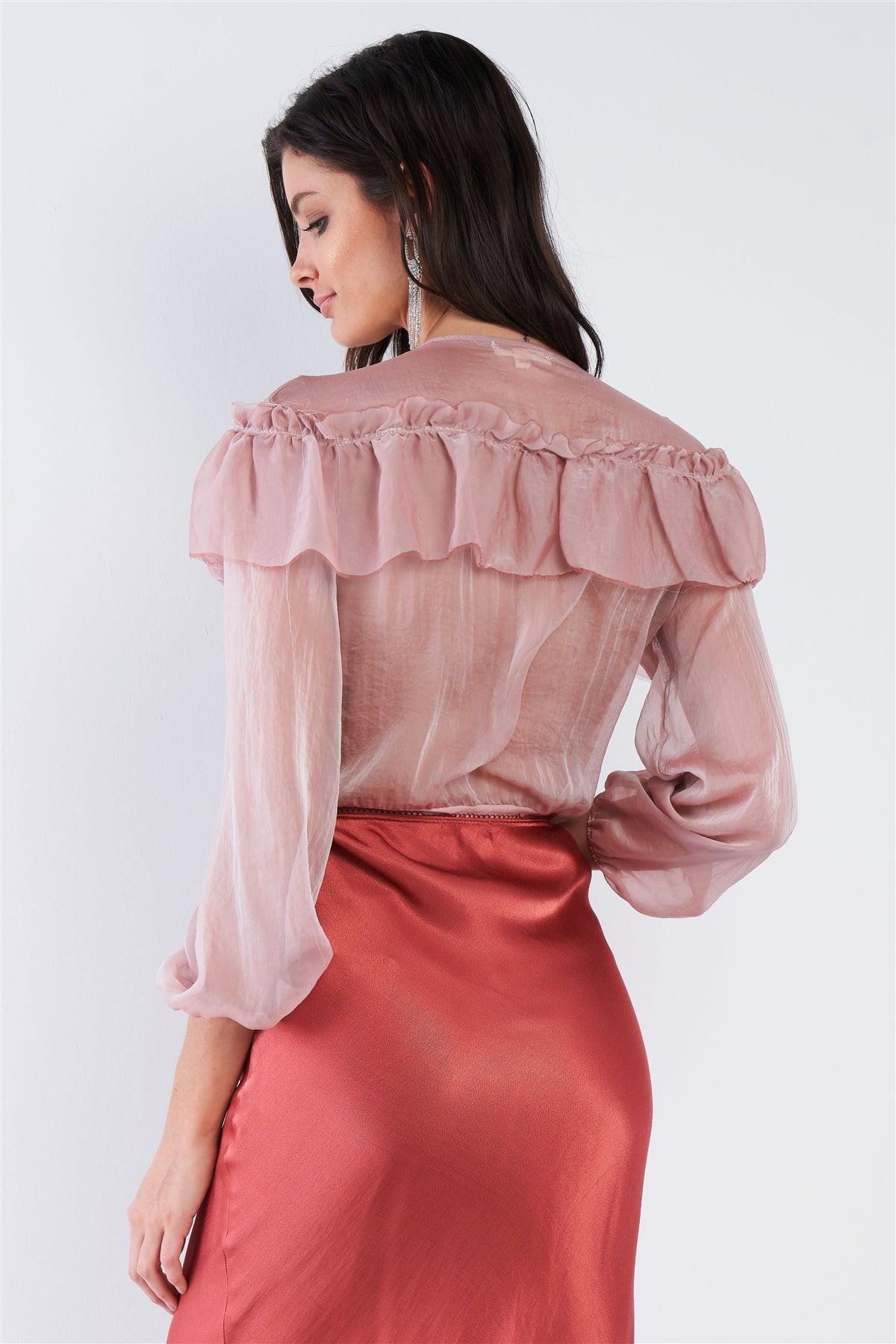 Dusty Pink Sheer V-Neck Frill Silk Full Bottom Snap Bodysuit /2-2-2