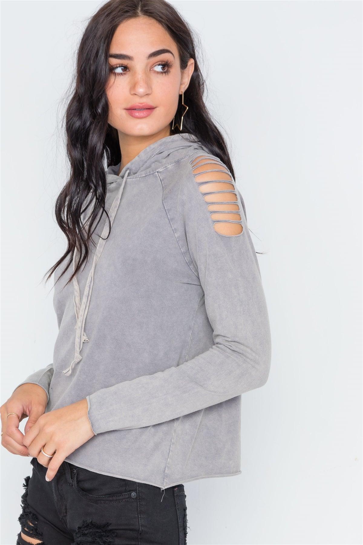 Grey Stonewash Laser Cut Shoulders Lightweight Hoodie Sweater /1-2-2-2