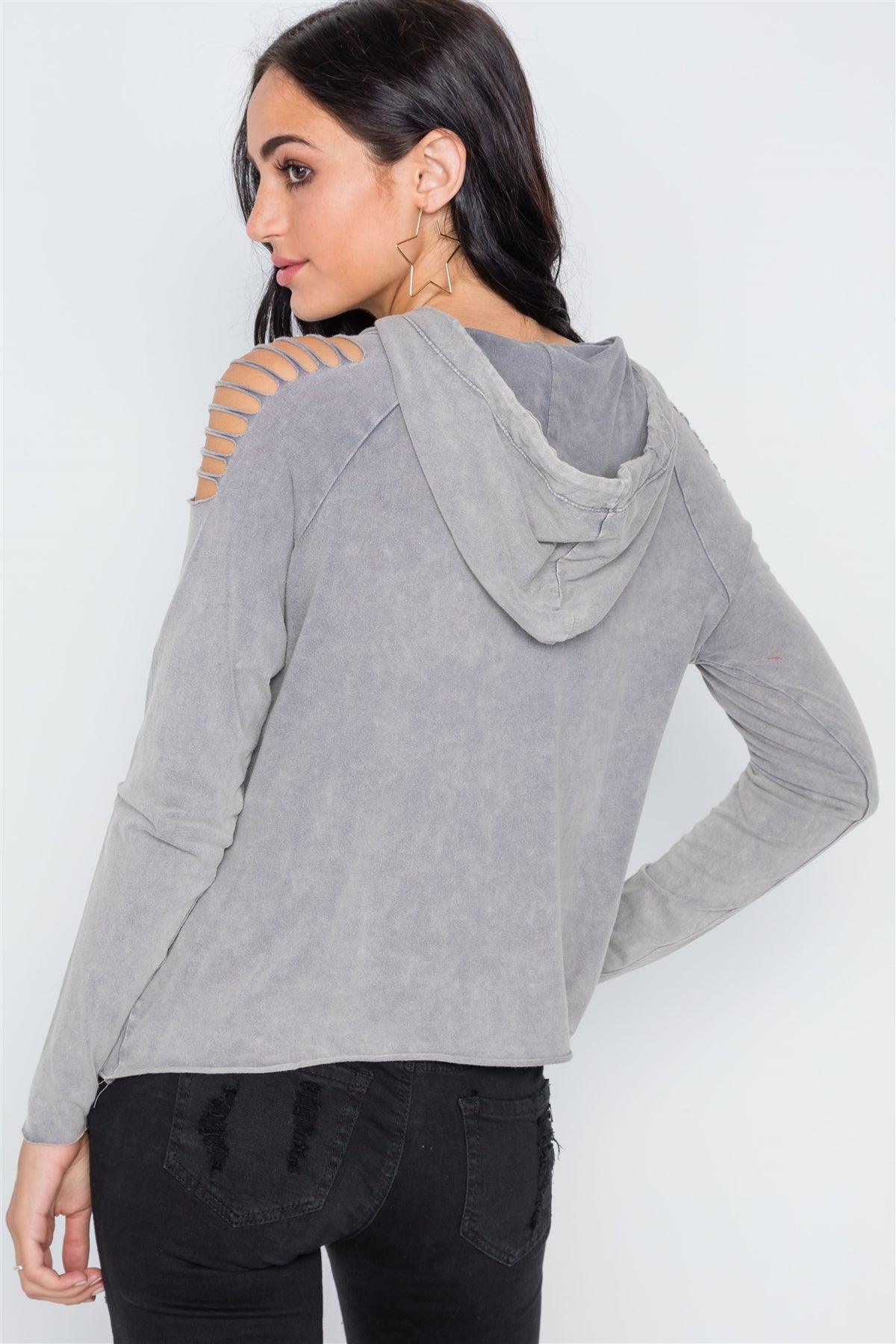 Grey Stonewash Laser Cut Shoulders Lightweight Hoodie Sweater /1-2-2-2