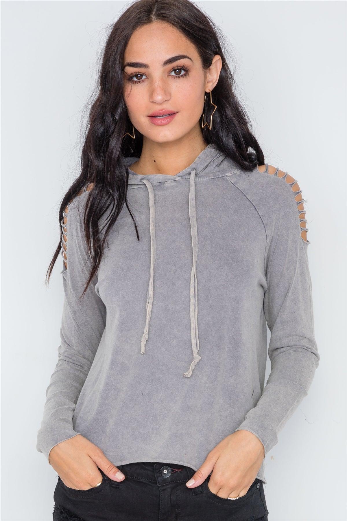 Grey Stonewash Laser Cut Shoulders Lightweight Hoodie Sweater /1-2-2-2