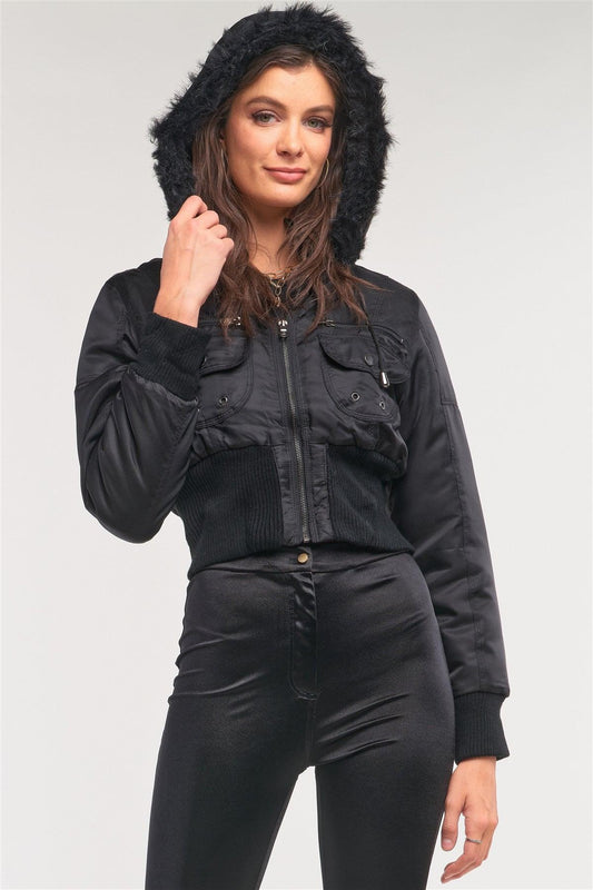 Black Zip-Up Faux Fur Hood Detail Cropped Winter Bomber Jacket /1-2-2-1