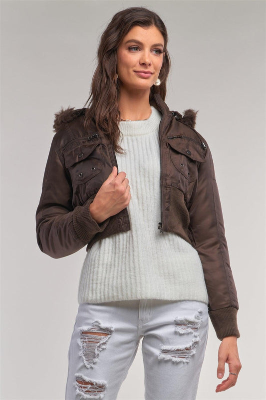 Copper Brown Zip-Up Faux Fur Hood Detail Cropped Winter Bomber Jacket /1-2-2-1