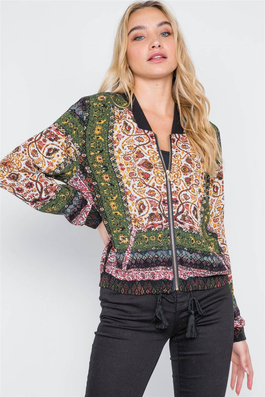 Olive Bohemian Print Bomber Jacket /2-2-2