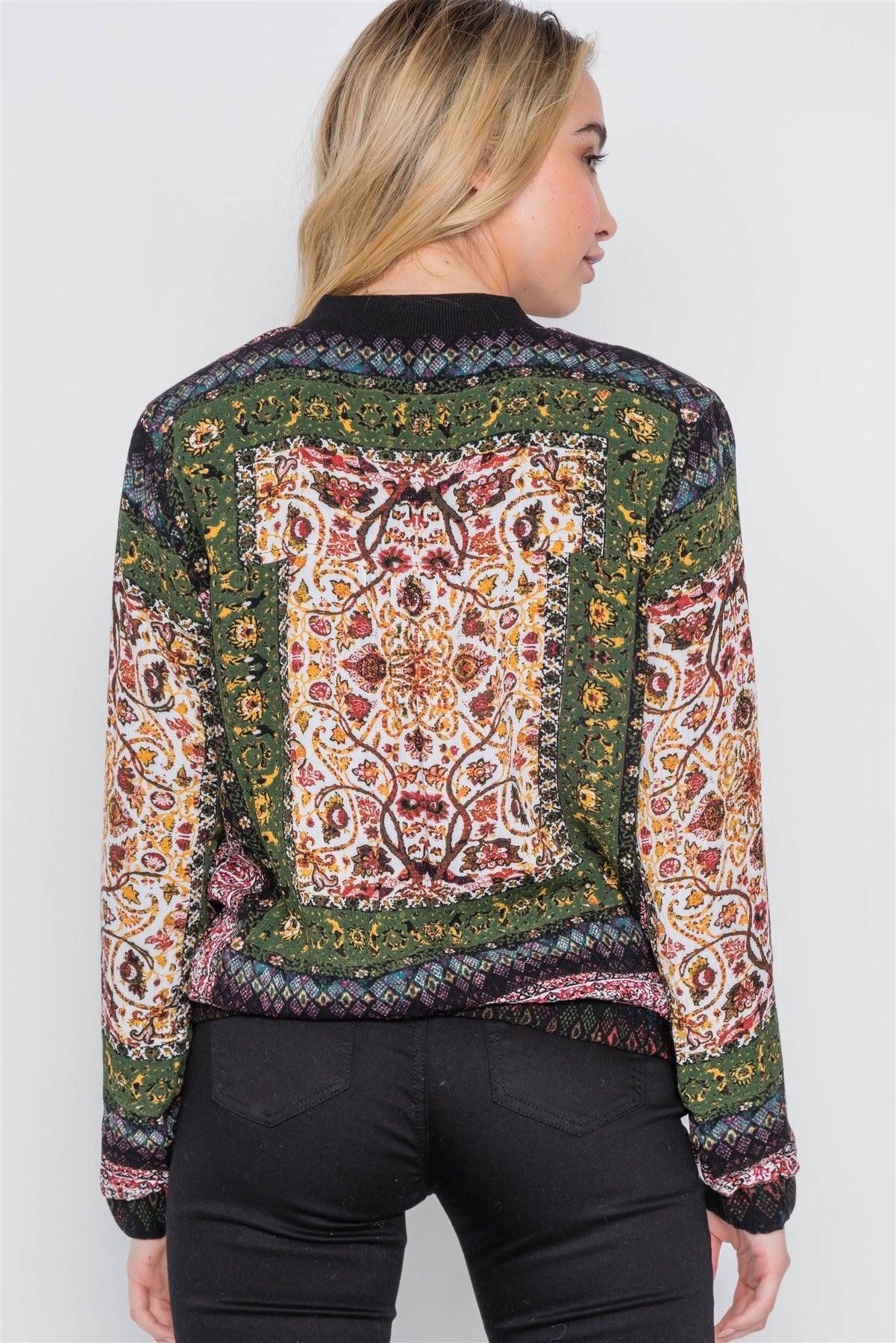 Olive Bohemian Print Bomber Jacket /2-2-2