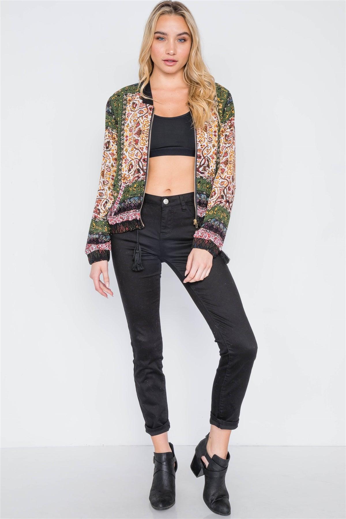 Olive Bohemian Print Bomber Jacket /2-2-2