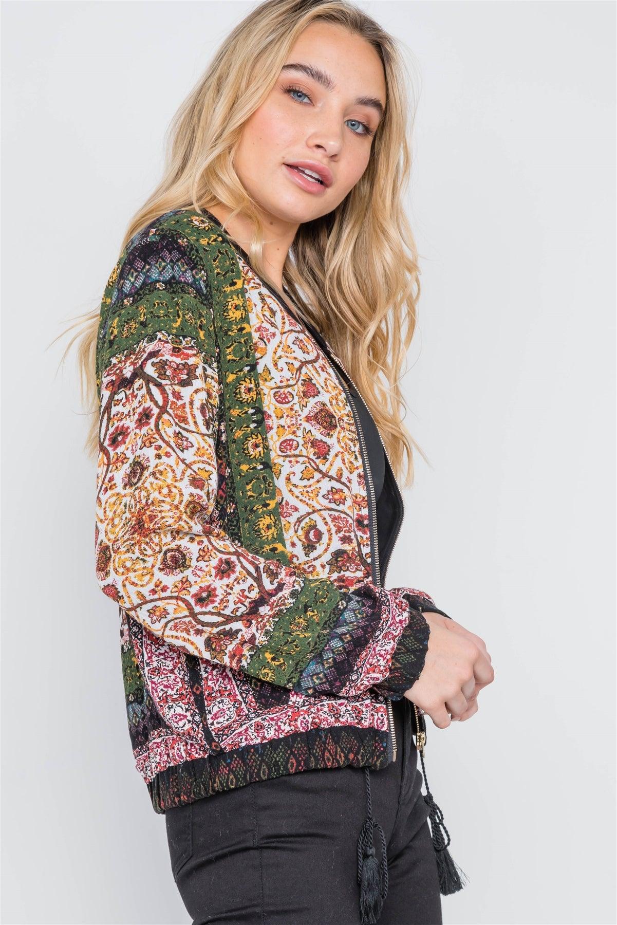 Olive Bohemian Print Bomber Jacket /2-2-2