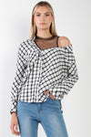 White Black Plaid Asymmetrical Front Button Down Top /2-2-2