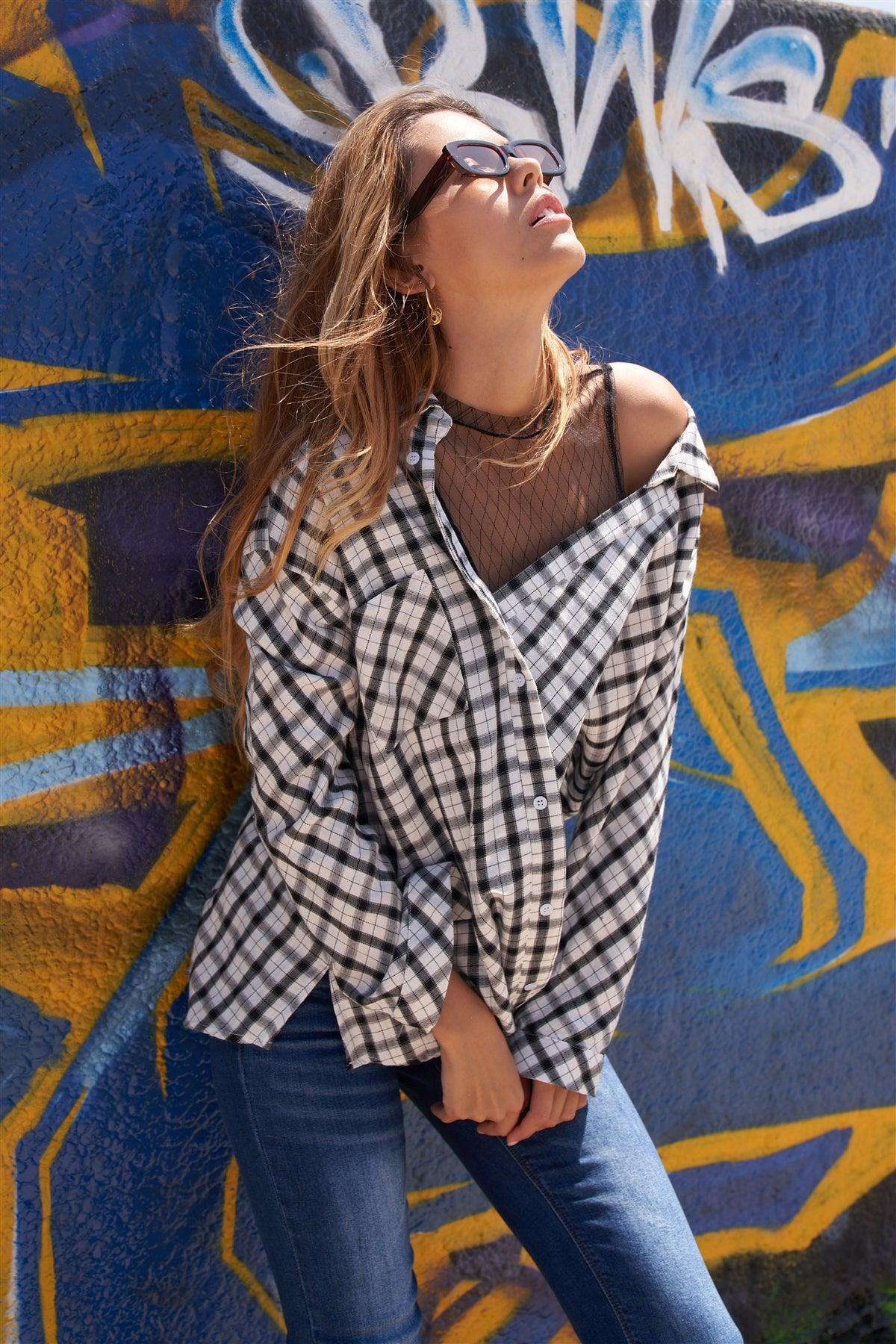 White Black Plaid Asymmetrical Front Button Down Top /2-2-2