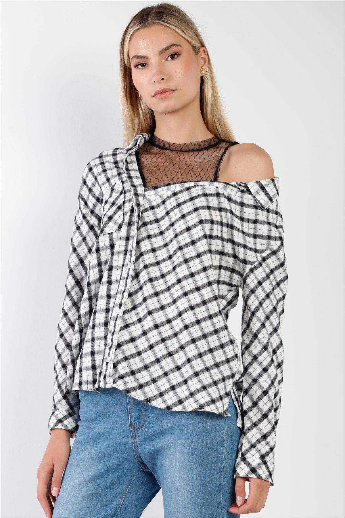 White Black Plaid Asymmetrical Front Button Down Top /2-2-2