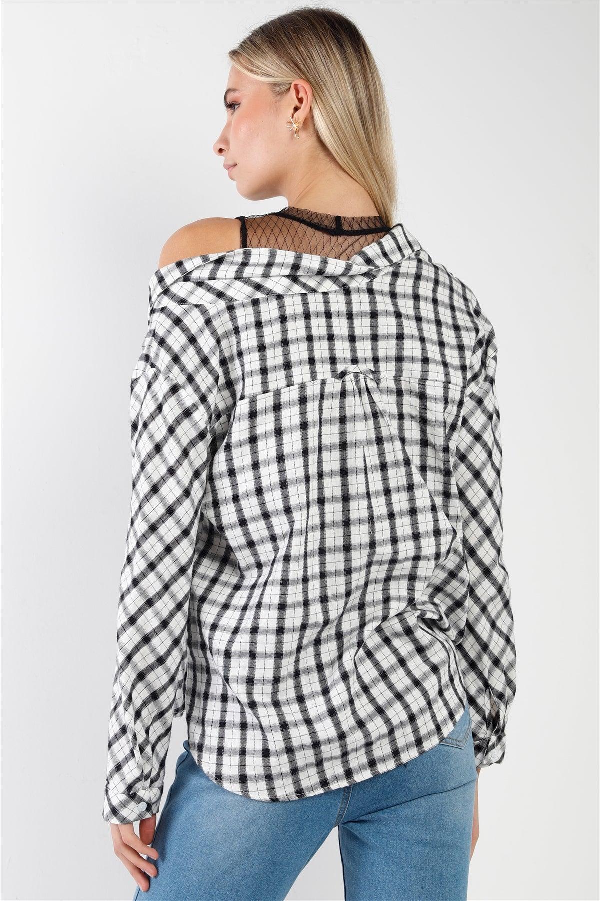 White Black Plaid Asymmetrical Front Button Down Top /2-2-2