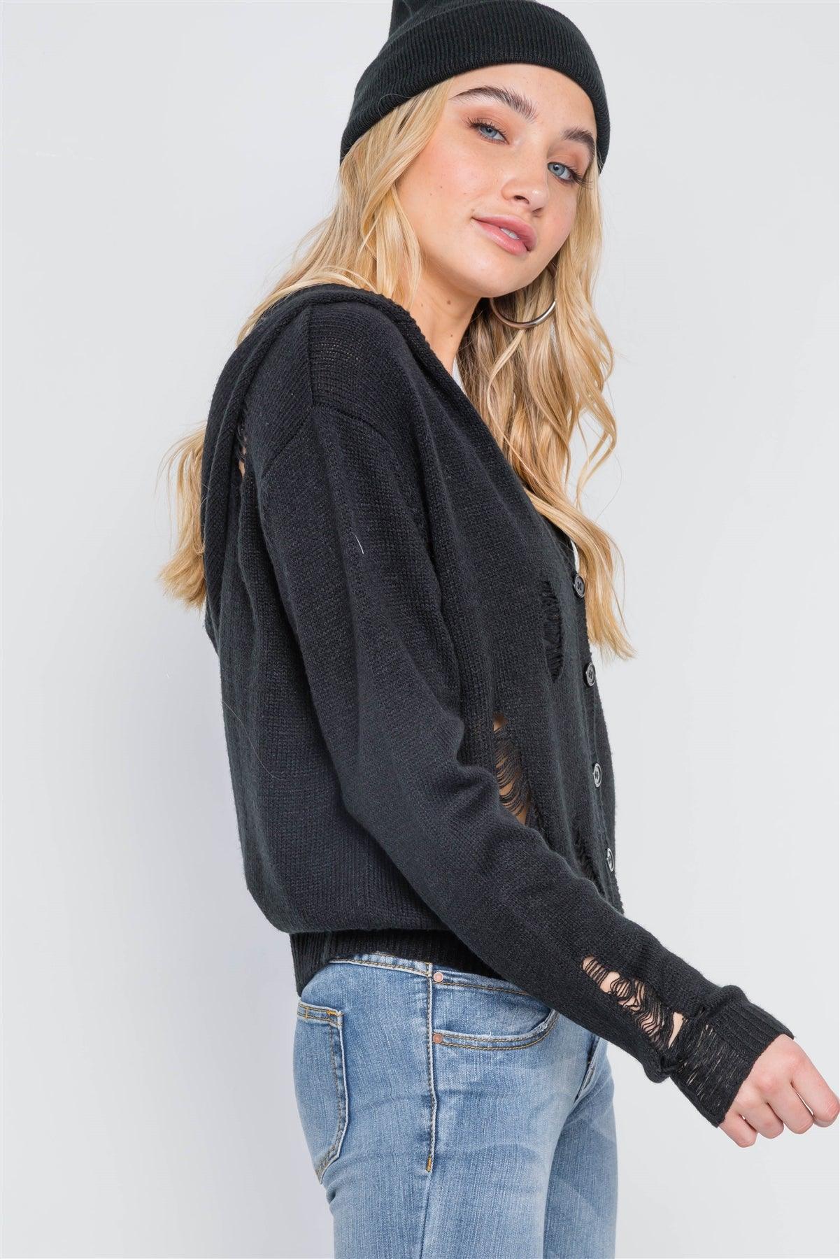 Black Knit Distressed Hooded Button-Front Sweater /1-2-3