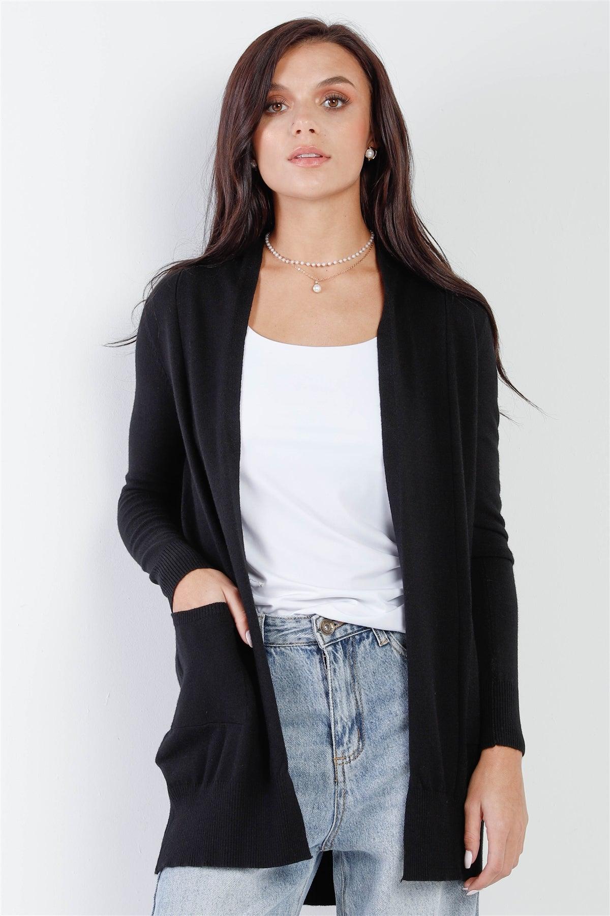 Black Knit Open Front Shawl Neck Cardigan /2-1-1-2