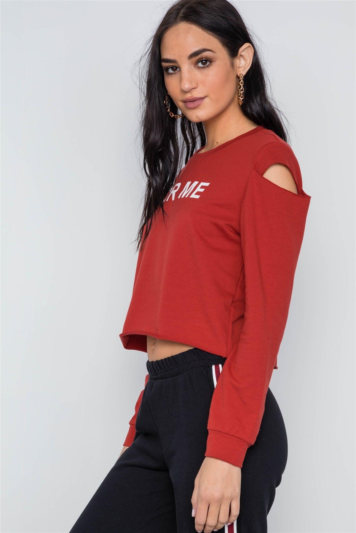 Rust Cold Shoulder Long Sleeve Graphic Top /2-2-2