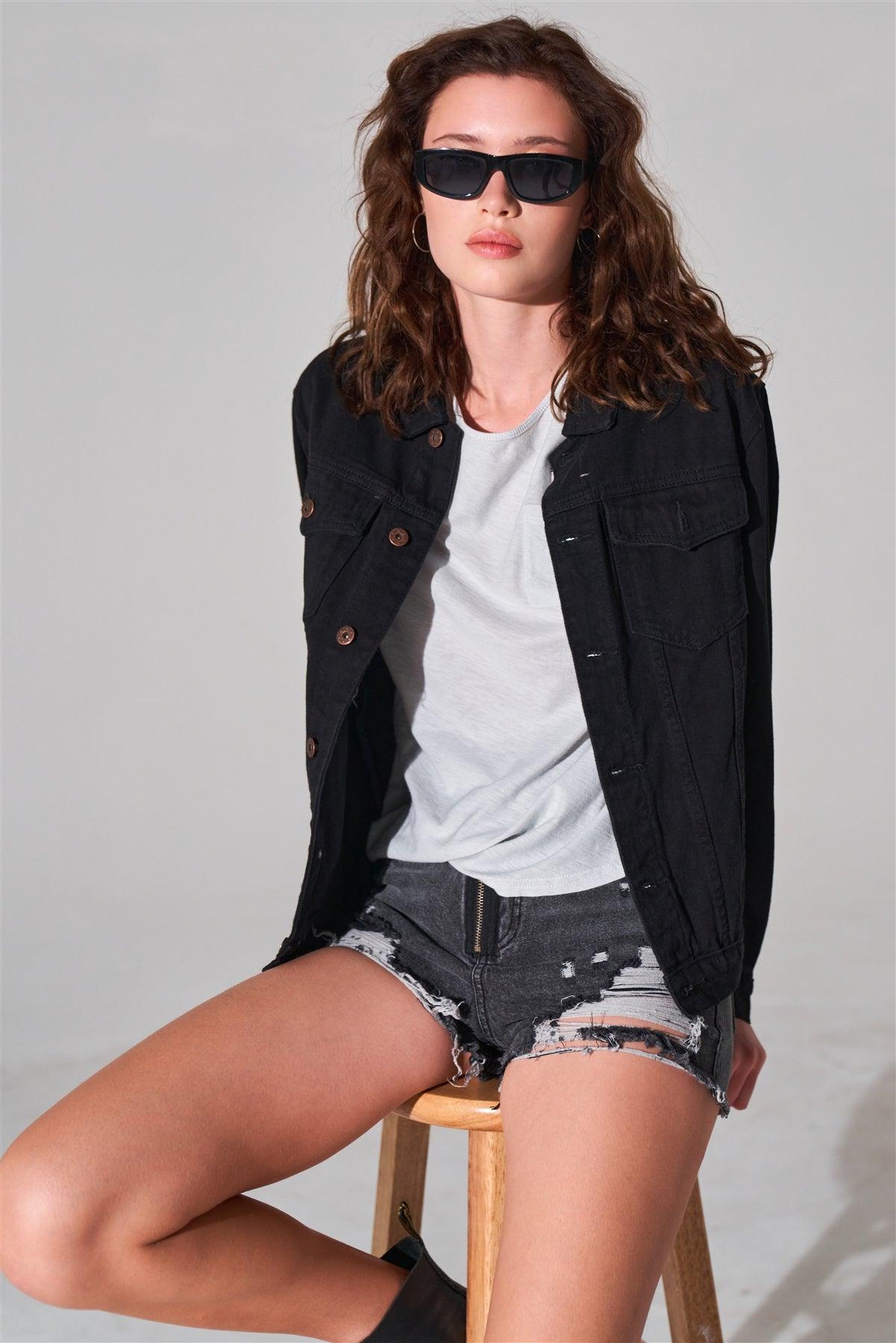 Black Oversized Long Sleeve Classic Denim Jacket /1-1-2-1