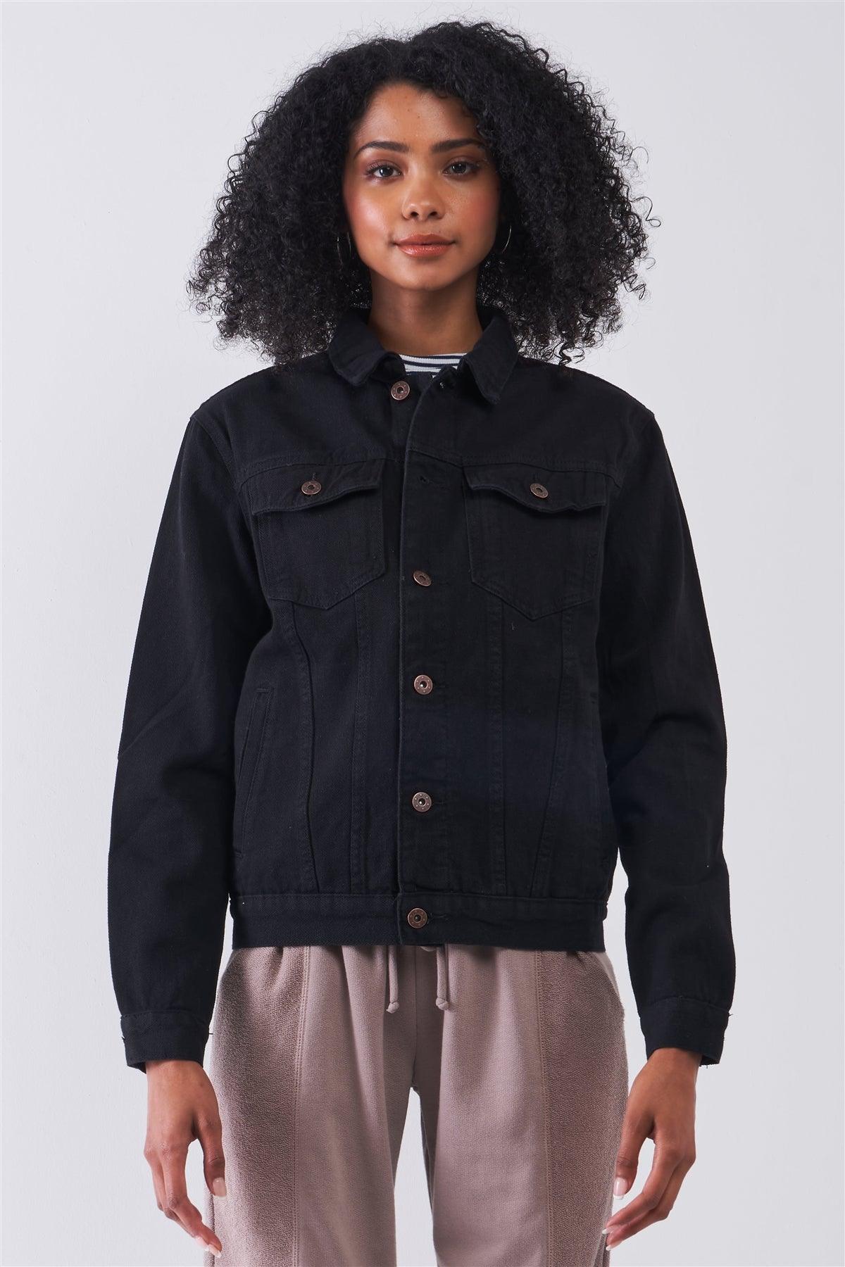 Black Oversized Long Sleeve Classic Denim Jacket /1-1-2-1