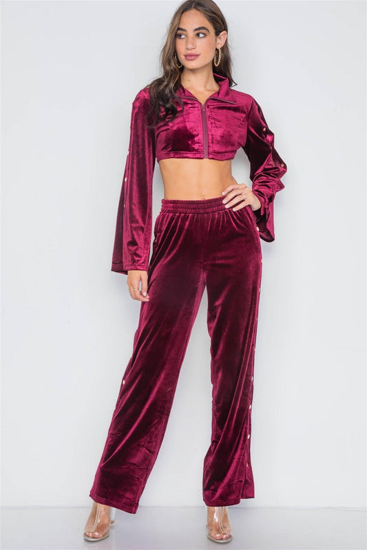 Burgundy Velvet Two Piece Crop Top & Pants Set /2-2-2