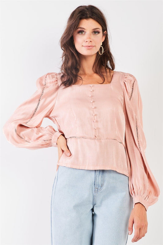 Blush Glossy Chiffon Square Neck Long Bishop Sleeve Mock Button Down Top /2-2-2