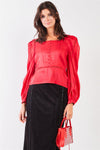 Red Glossy Chiffon Square Neck Long Bishop Sleeve Mock Button Down Top /1-2-1