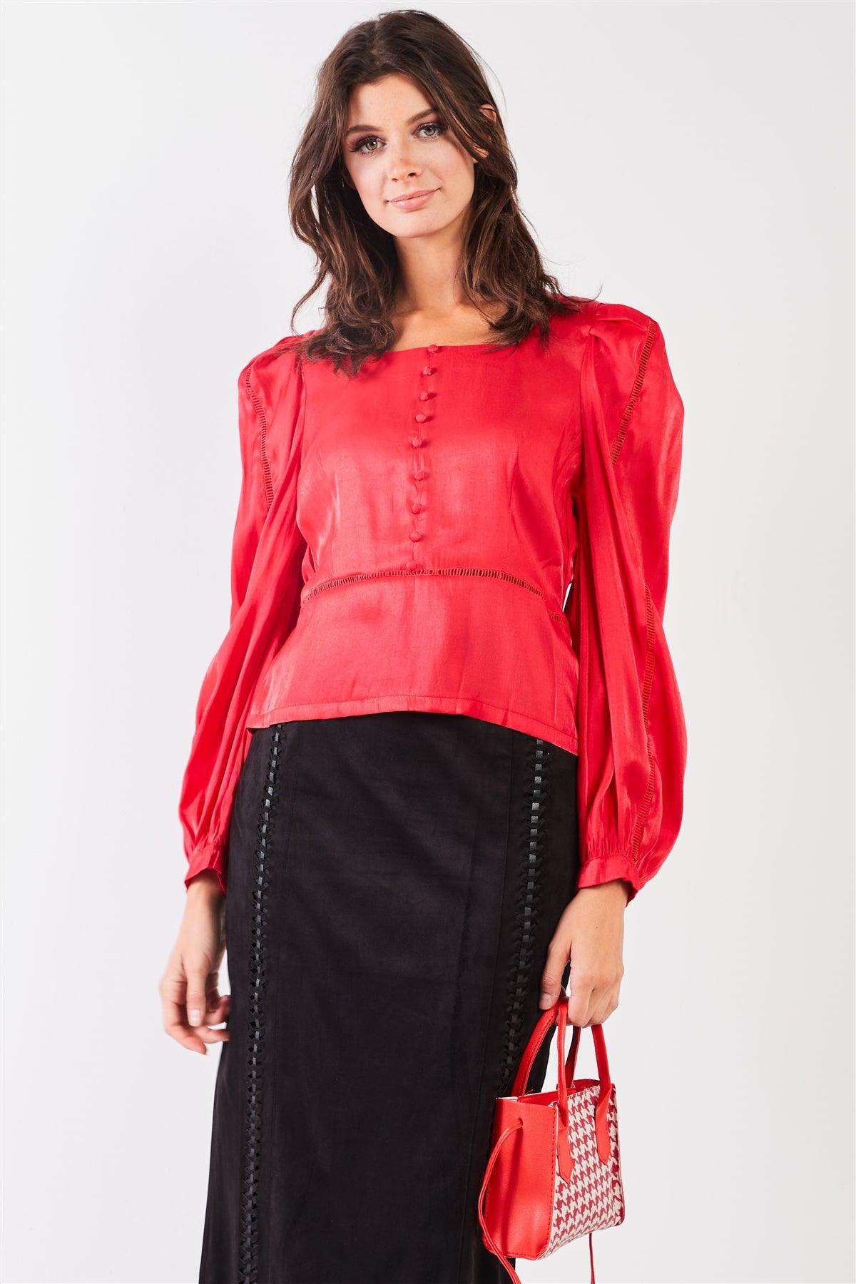 Red Glossy Chiffon Square Neck Long Bishop Sleeve Mock Button Down Top /1-2-1