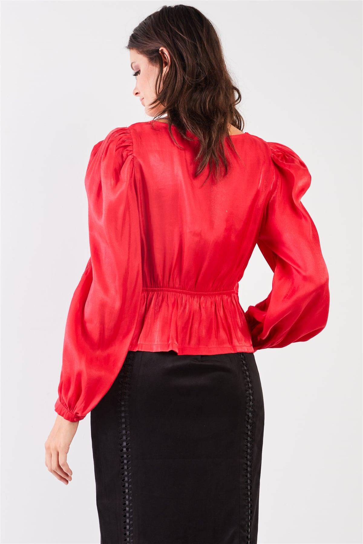 Red Glossy Chiffon Square Neck Long Bishop Sleeve Mock Button Down Top /1-2-1