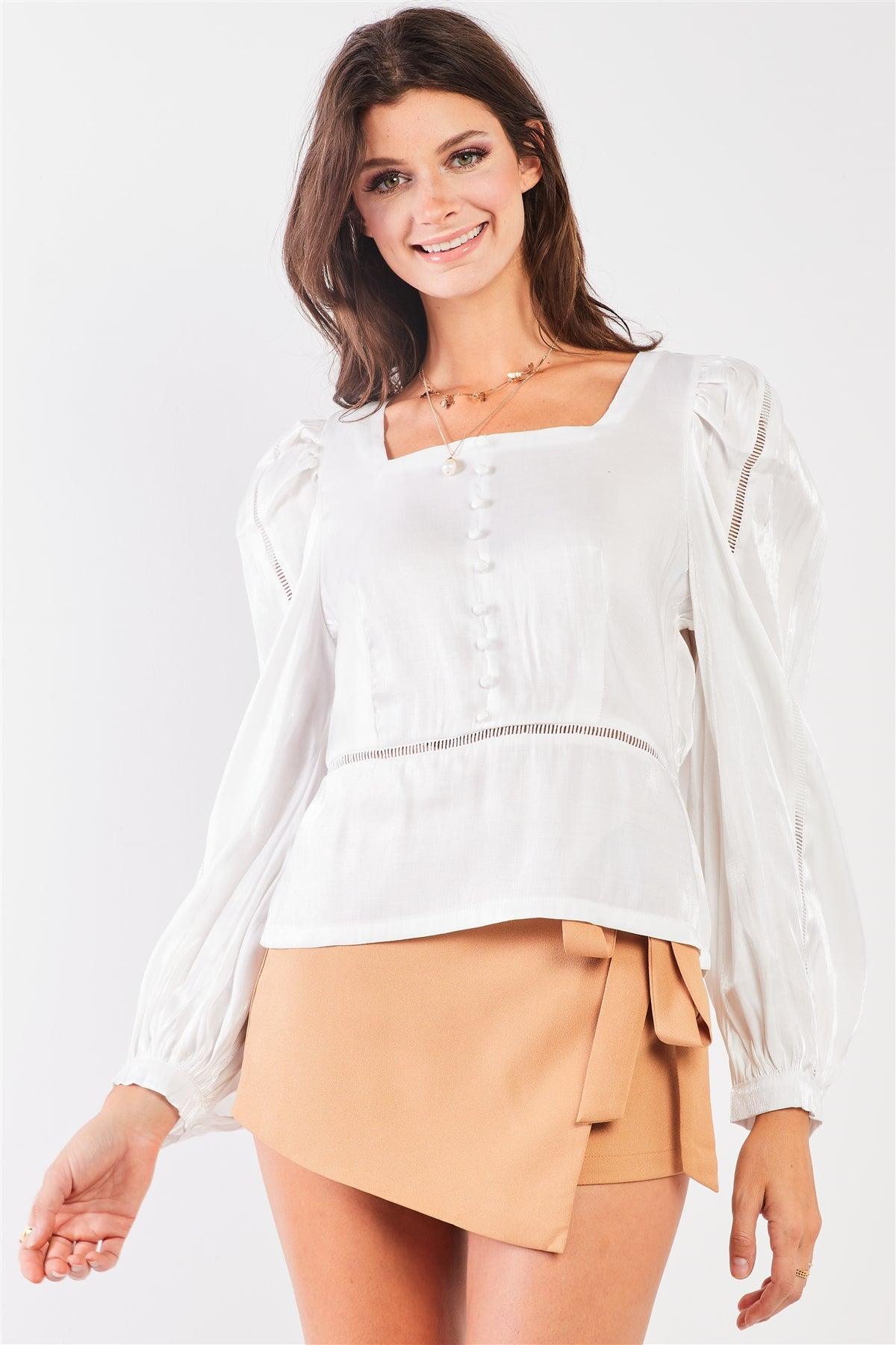 White Glossy Chiffon Square Neck Long Bishop Sleeve Mock Button Down Top /2-2-2