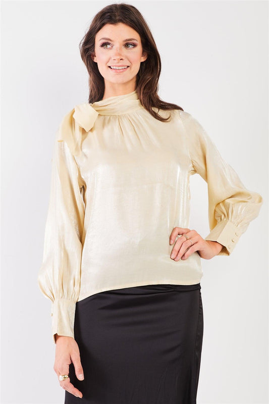 El Mirage Cream Chiffon Bishop Sleeve Tie-Neck Blouse Top /2-2-2