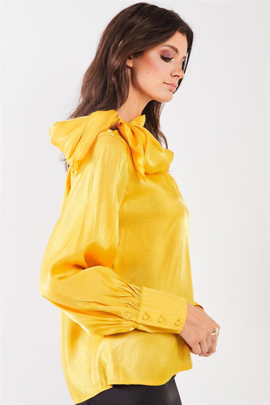 El Mirage Yellow Chiffon Bishop Sleeve Tie-Neck Blouse Top /2-2-2