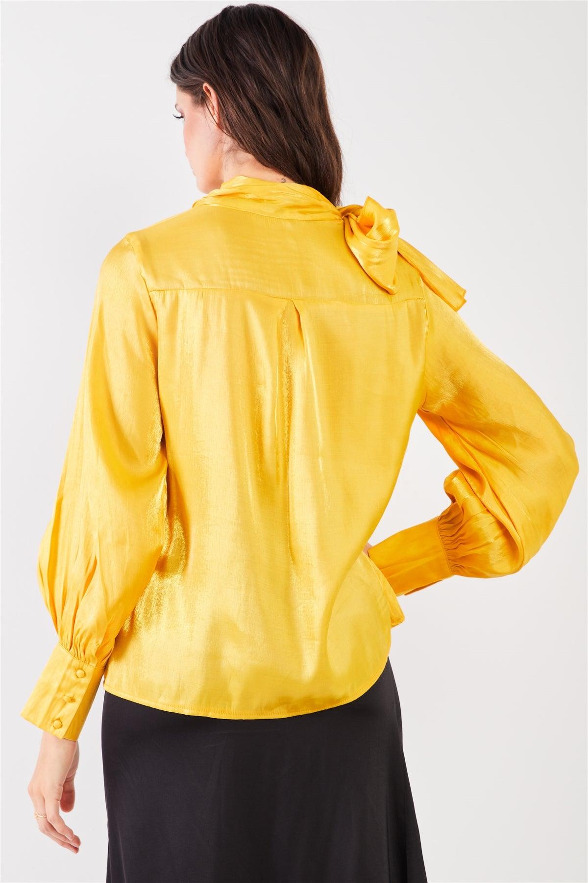 El Mirage Yellow Chiffon Bishop Sleeve Tie-Neck Blouse Top /2-2-2