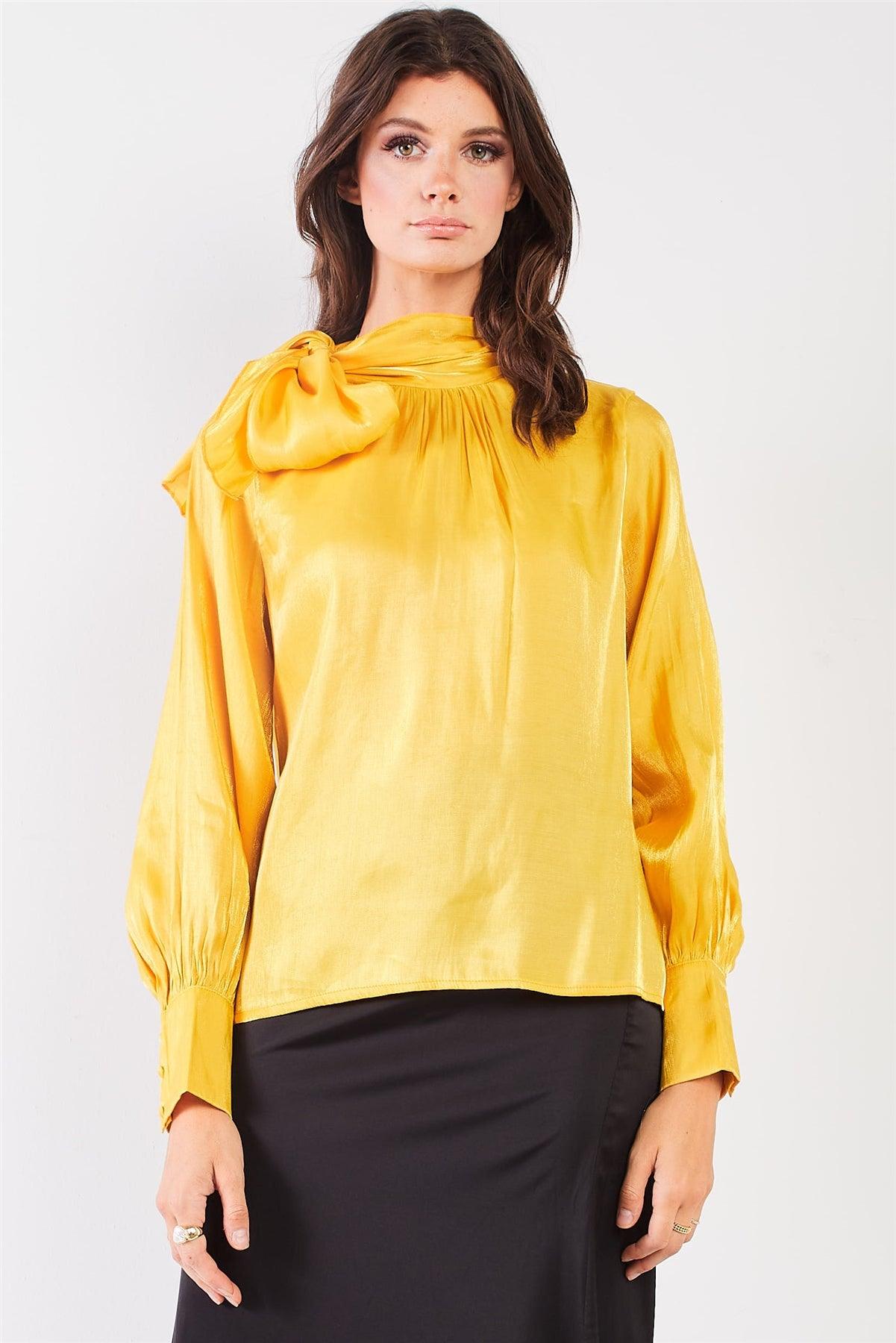 El Mirage Yellow Chiffon Bishop Sleeve Tie-Neck Blouse Top /2-2-2