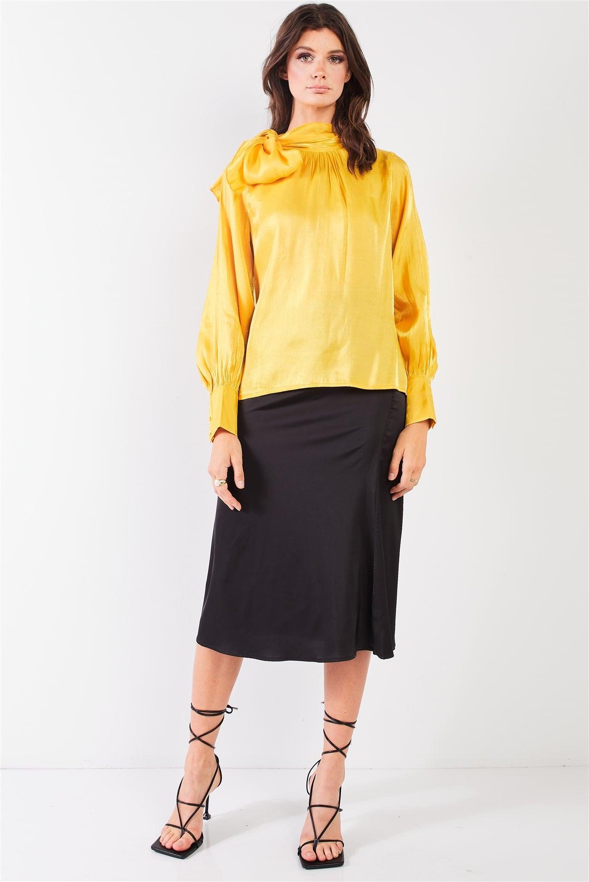 El Mirage Yellow Chiffon Bishop Sleeve Tie-Neck Blouse Top /2-2-2