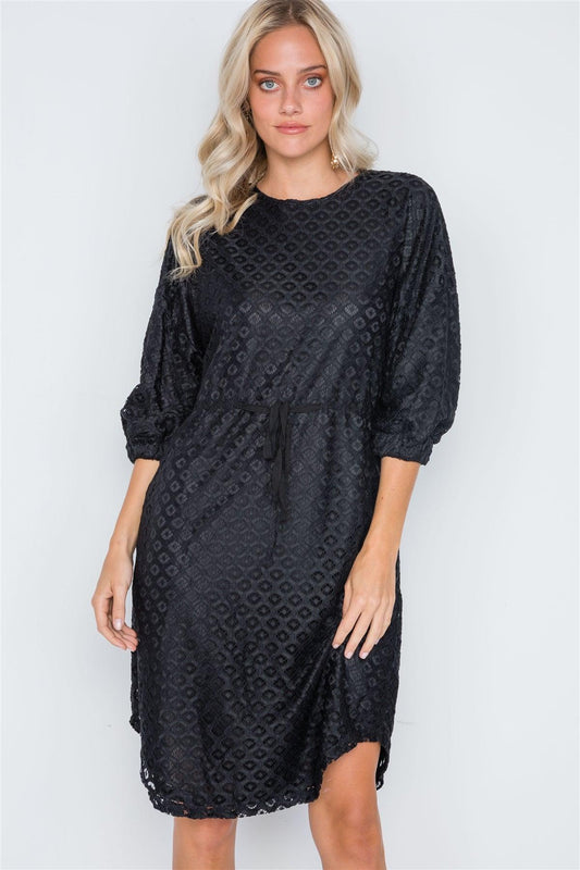 Black 3/4 Sleeve Patterned Lace Shift Dress /3-2-1