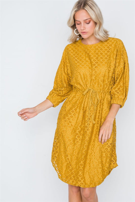 Mustard 3/4 Sleeve Patterned Lace Shift Dress /3-2-1