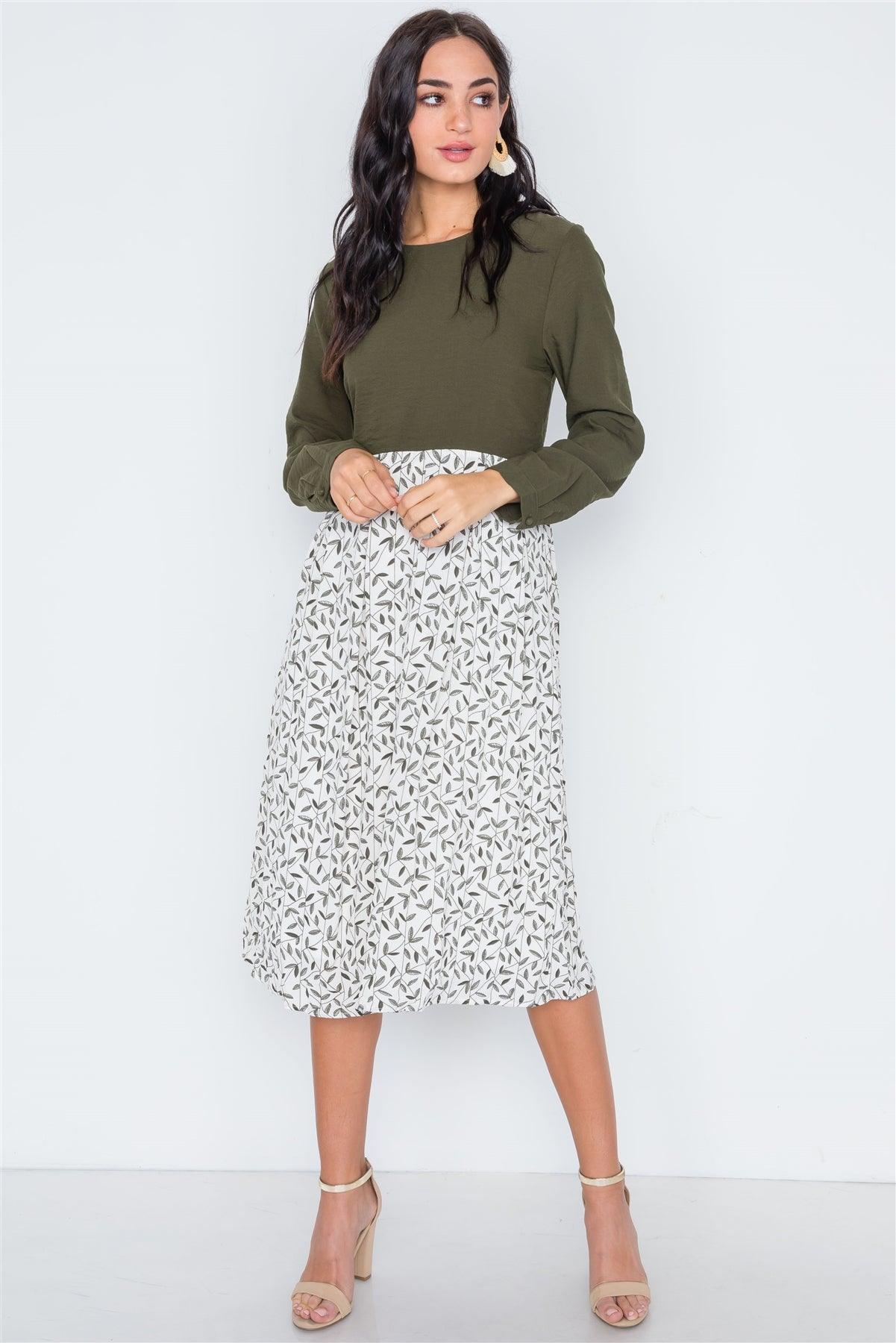 Olive Combo Long Sleeve Leaf Print Midi Shift Dress /3-2-1