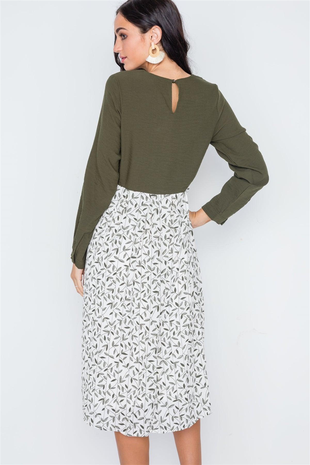 Olive Combo Long Sleeve Leaf Print Midi Shift Dress /3-2-1