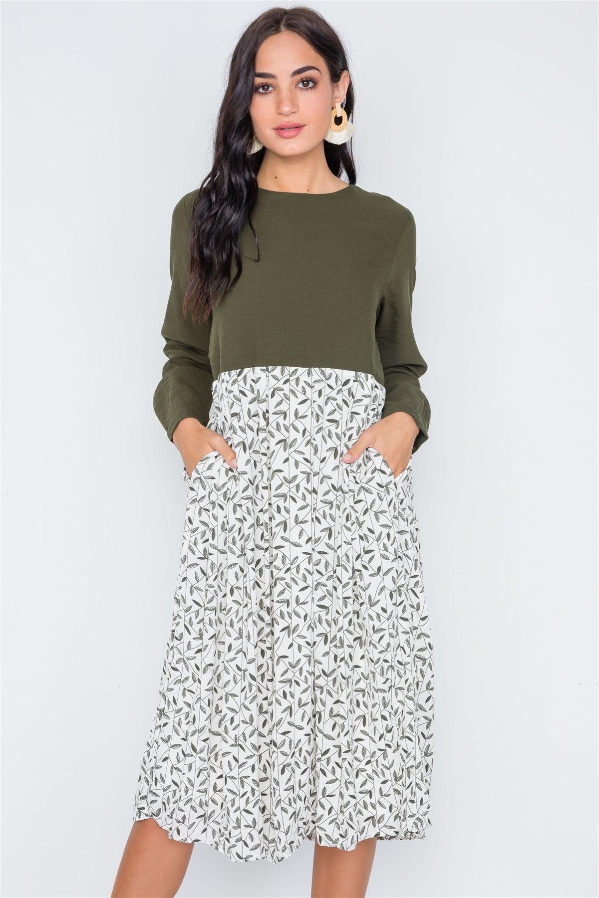 Olive Combo Long Sleeve Leaf Print Midi Shift Dress /3-2-1