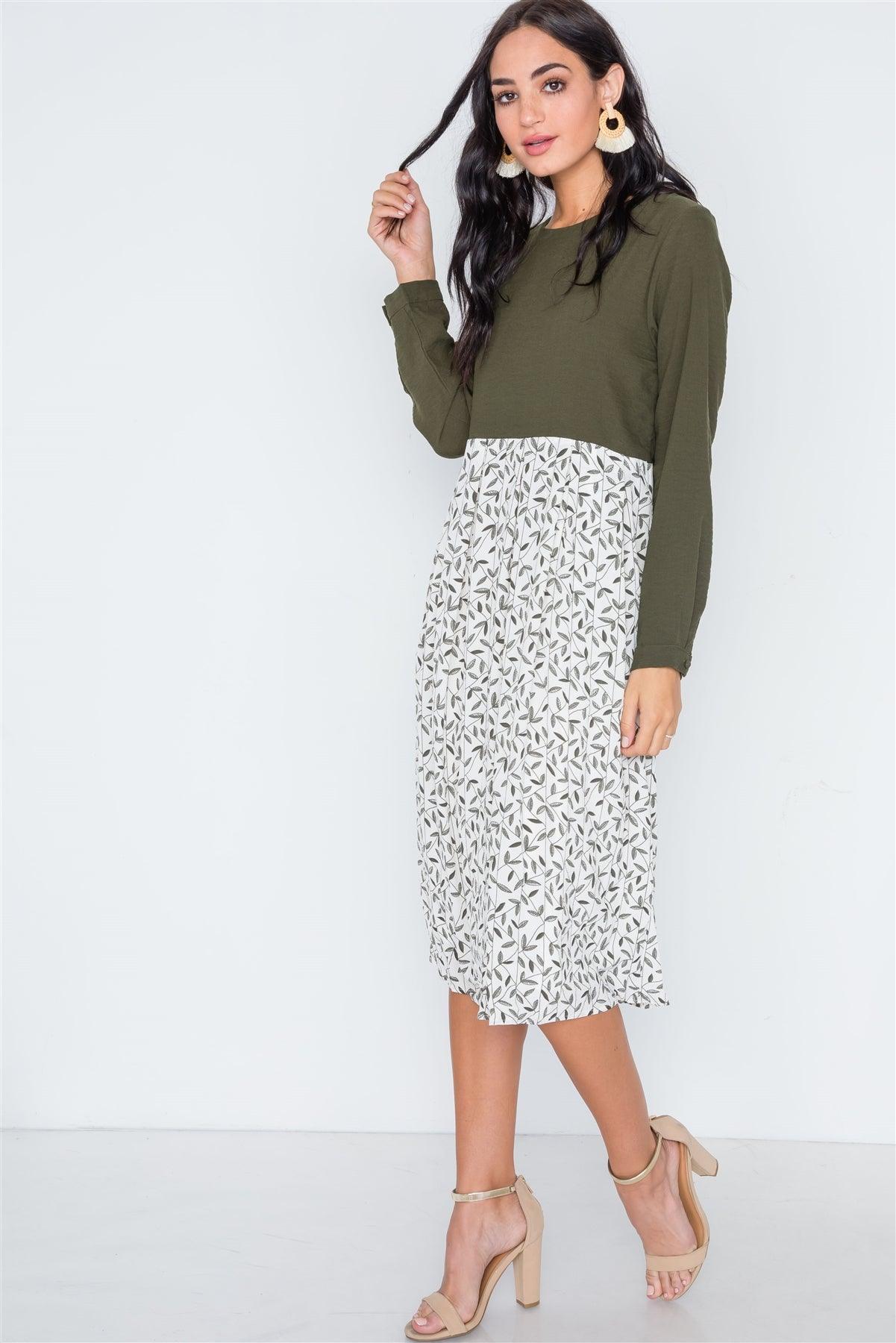 Olive Combo Long Sleeve Leaf Print Midi Shift Dress /3-2-1