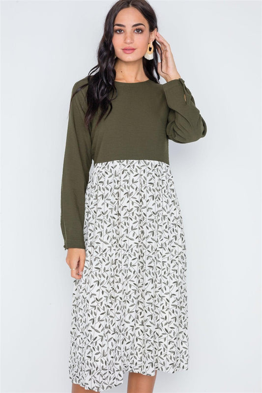 Olive Combo Long Sleeve Leaf Print Midi Shift Dress /4-2