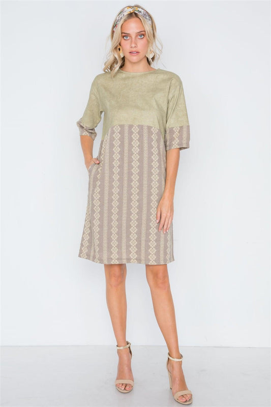 Mocha Olive Contrast Design Shift Boho Dress