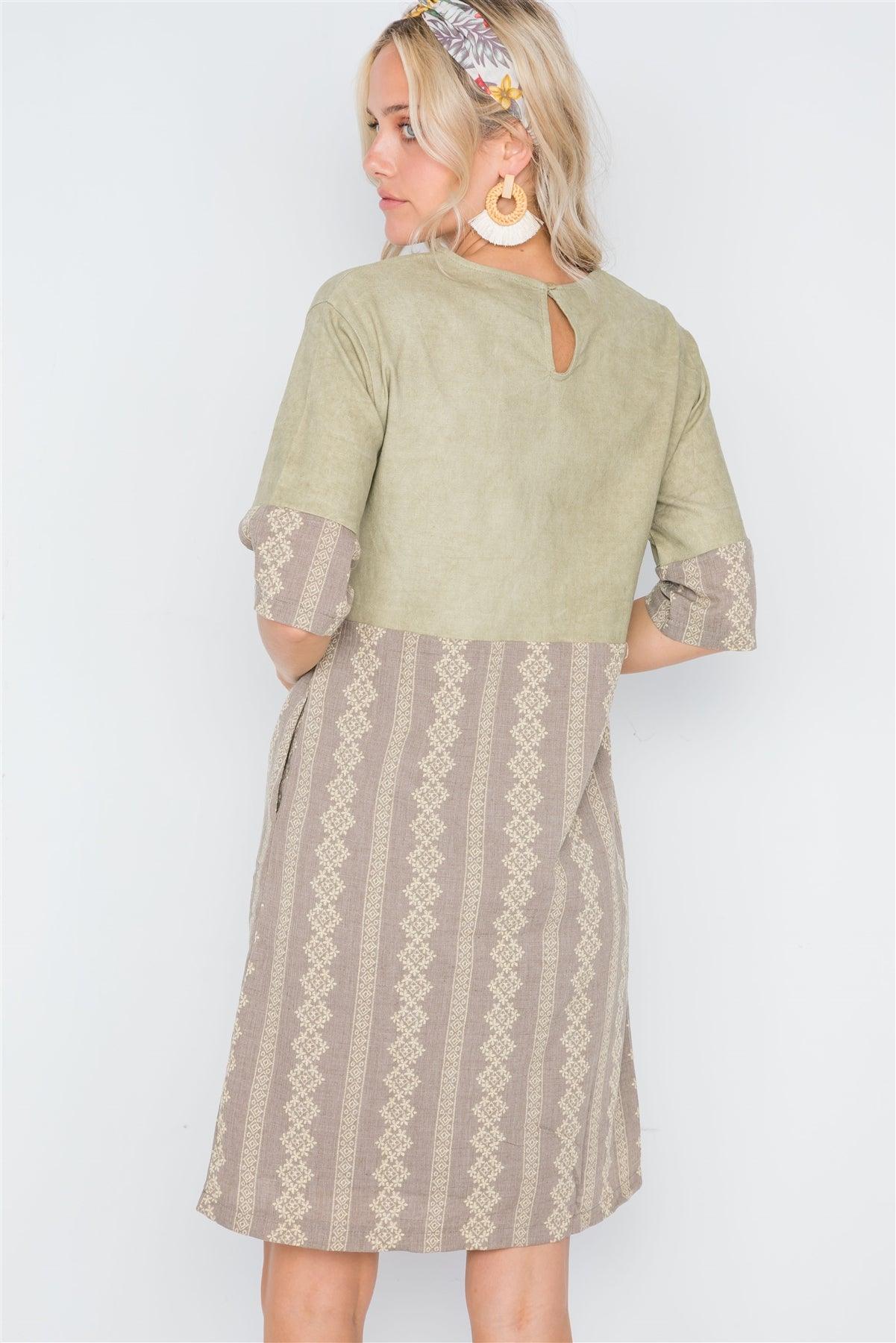 Mocha Olive Contrast Design Shift Boho Dress /2-2-2