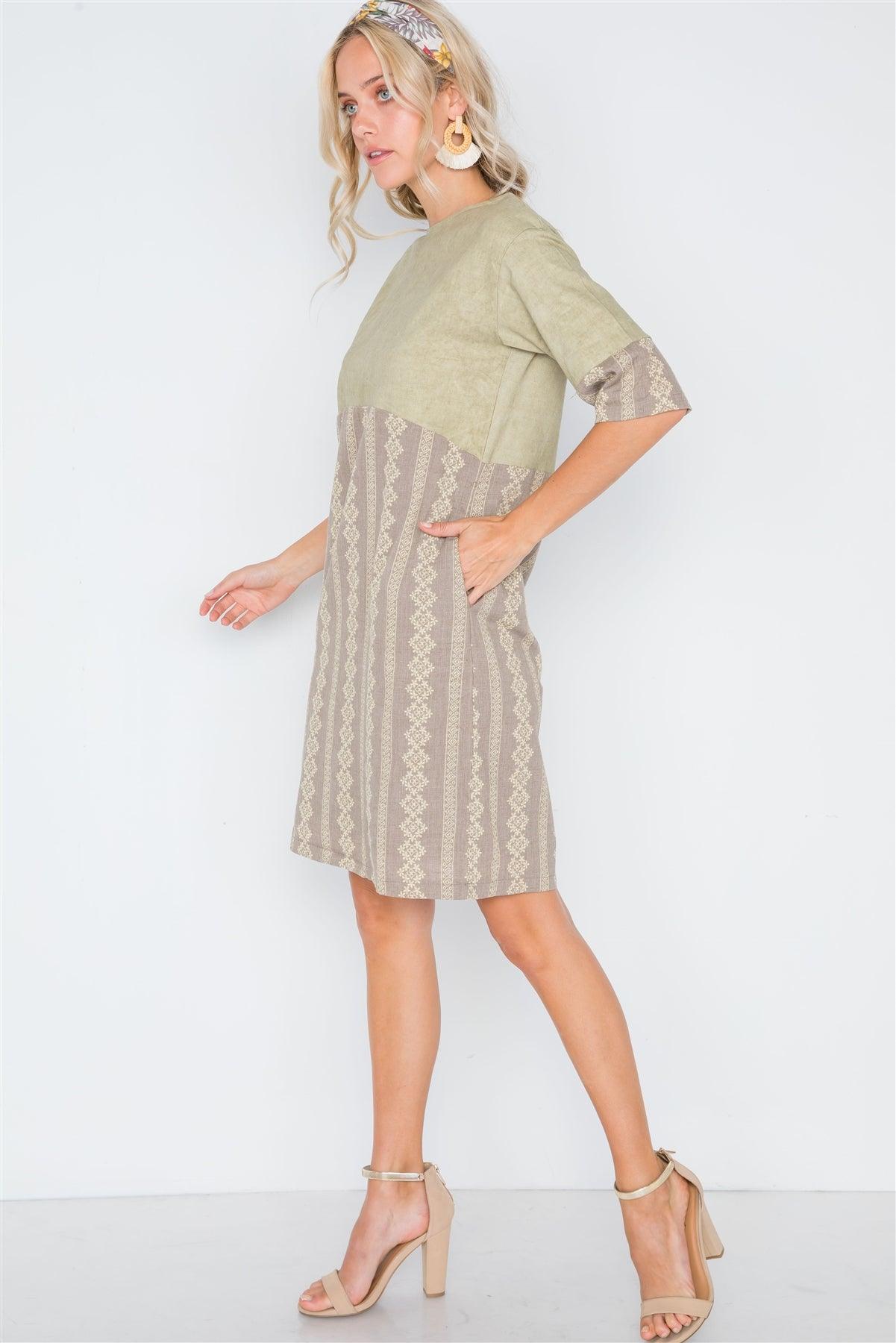 Mocha Olive Contrast Design Shift Boho Dress /2-2-2