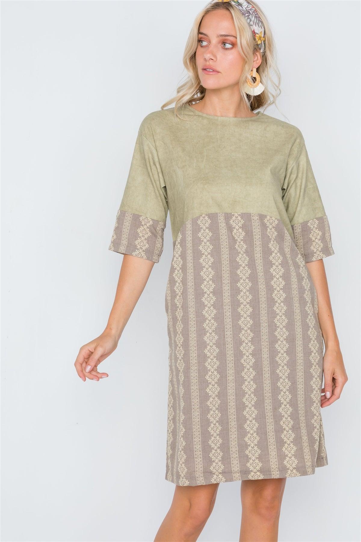 Mocha Olive Contrast Design Shift Boho Dress /2-2-2