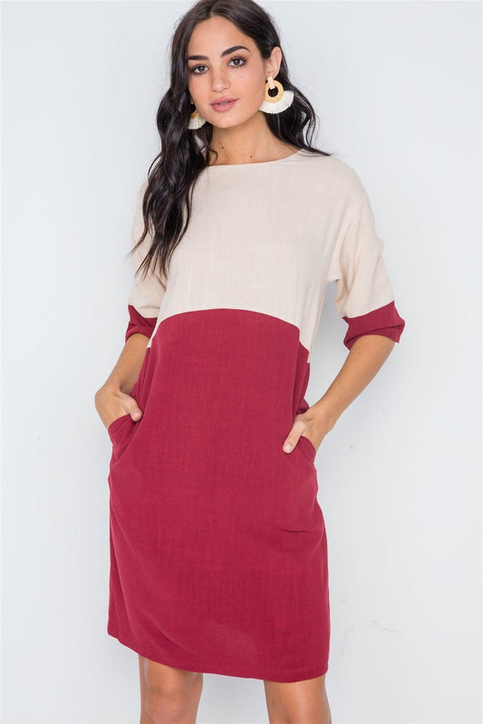 Dark Brick 3/4 Sleeve Contrast Shift Boho Dress /2-2-2