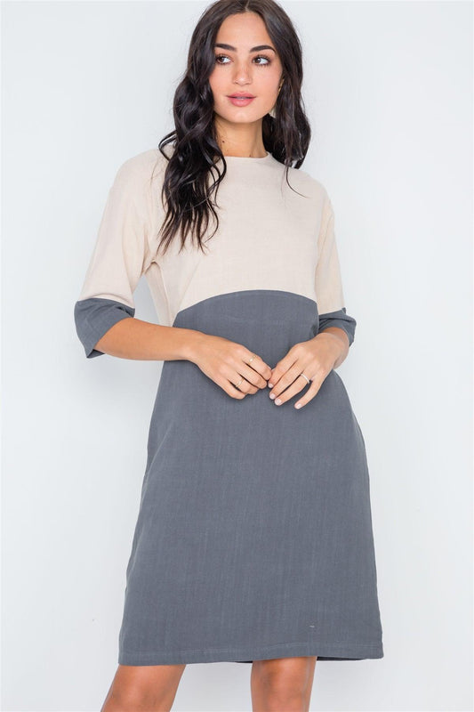 Charcoal 3/4 Sleeve Contrast Shift Boho Dress /2-2-2