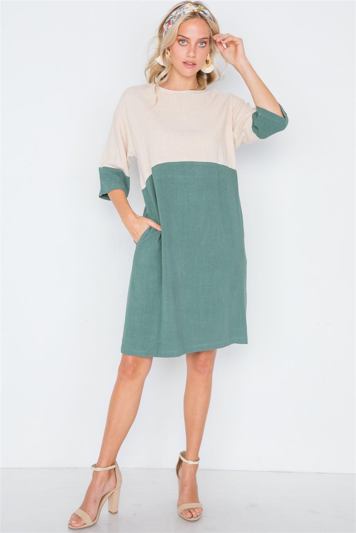 Heather Green 3/4 Sleeve Contrast Shift Boho Dress /2-2-1