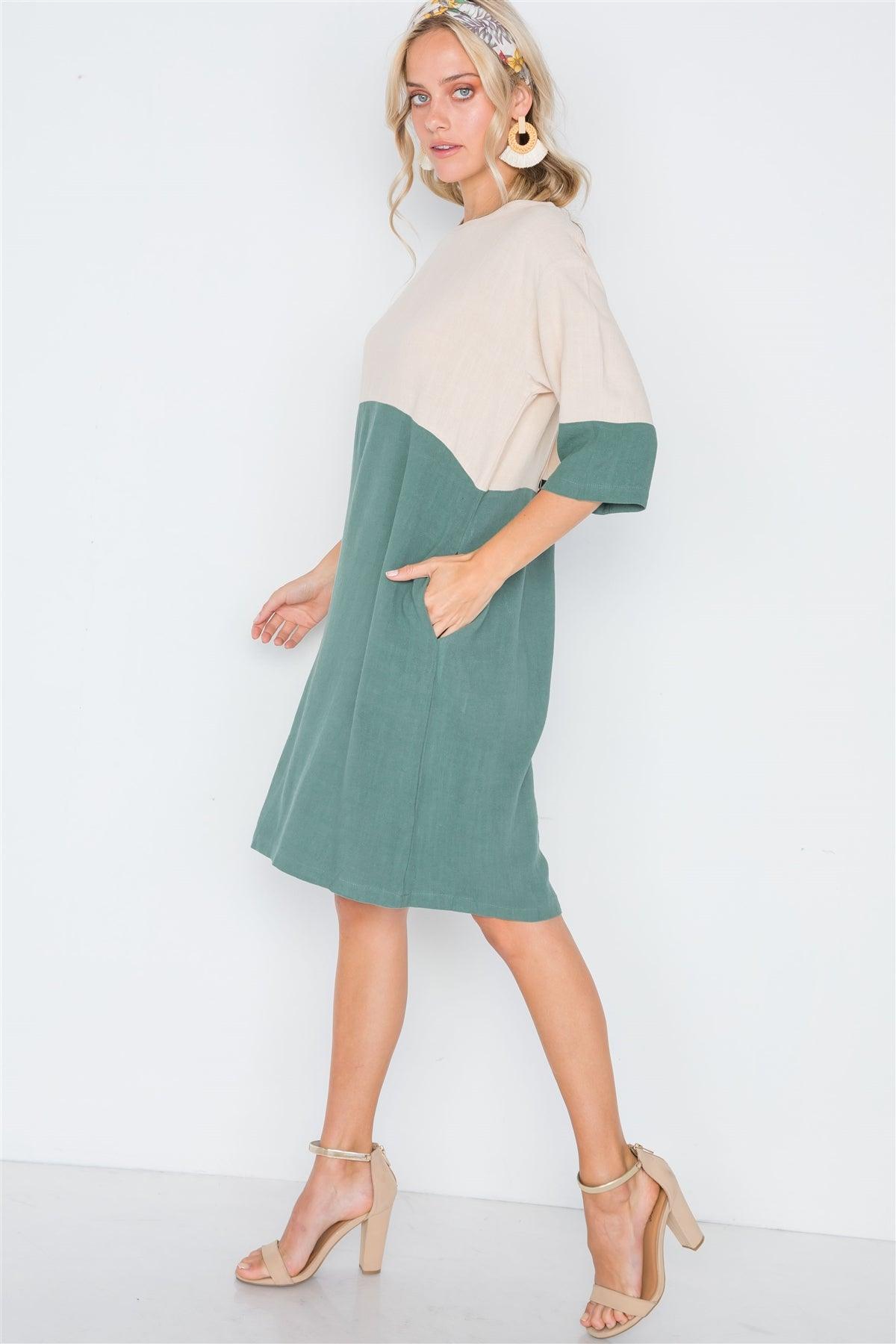 Heather Green 3/4 Sleeve Contrast Shift Boho Dress /2-2-1