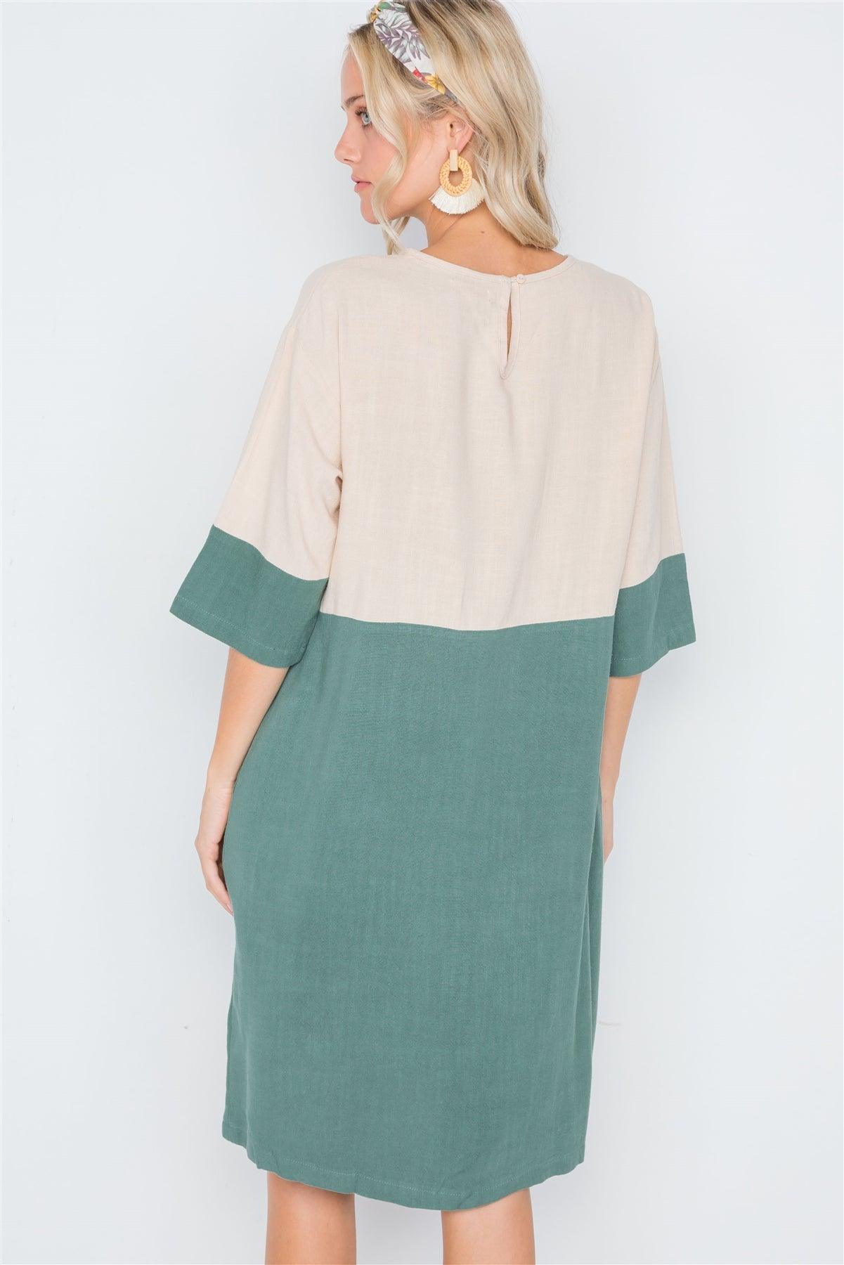 Heather Green 3/4 Sleeve Contrast Shift Boho Dress /2-2-1