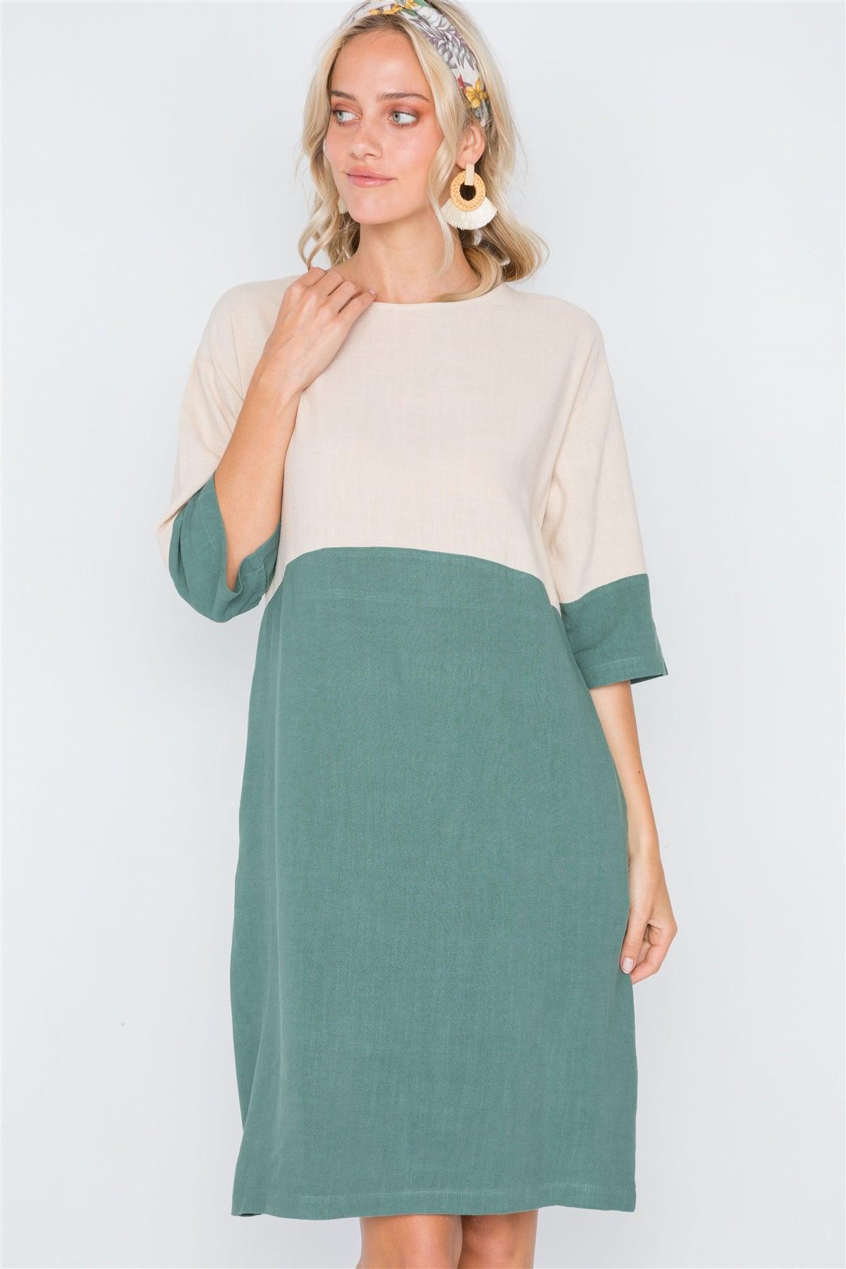 Heather Green 3/4 Sleeve Contrast Shift Boho Dress /2-2-1