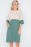 Heather Green 3/4 Sleeve Contrast Shift Boho Dress /2-2-2