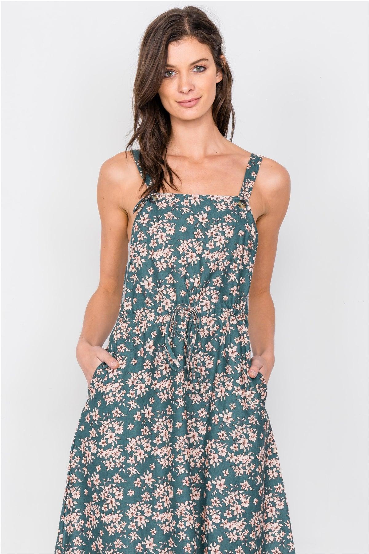 Hunter Green Cotton Button Tank Top Adjustable A-Line Midi Dress /2-2-2